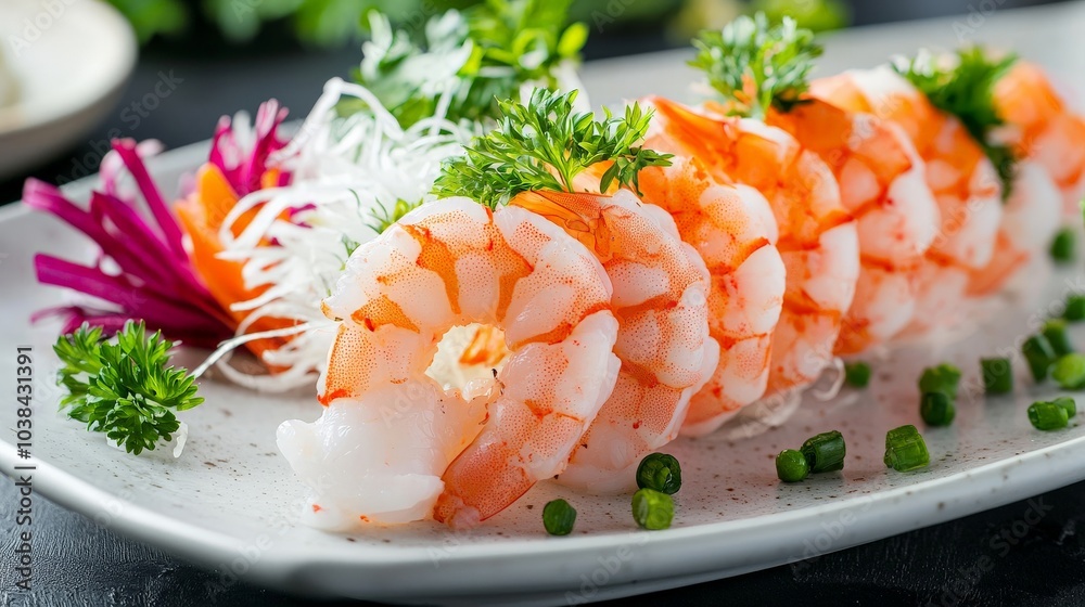 Plated Shrimp Sashimi with studio lighting highlighting the delicate, semi-transparent flesh, surrounded by garnishes Plated Shrimp Sashimi with studio lighting highlighting the delicate, semi-transparent flesh, surrounded by garnishes
