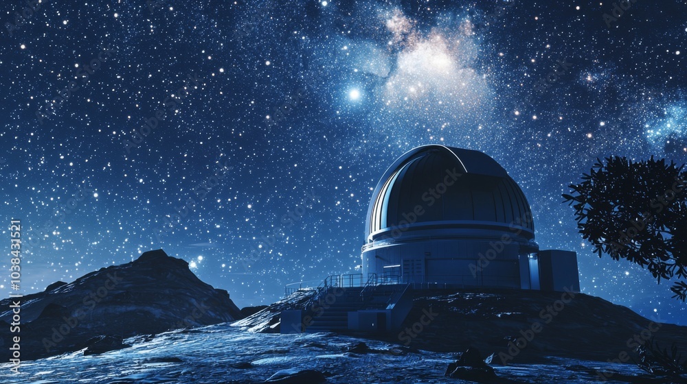 Astronomical Observatory at Night : astronomical observatory with a large telescope, capturing stars and distant galaxies under a clear night sky Astronomical Observatory at Night : astronomical observatory with a large telescope, capturing stars and distant galaxies under a clear night sky