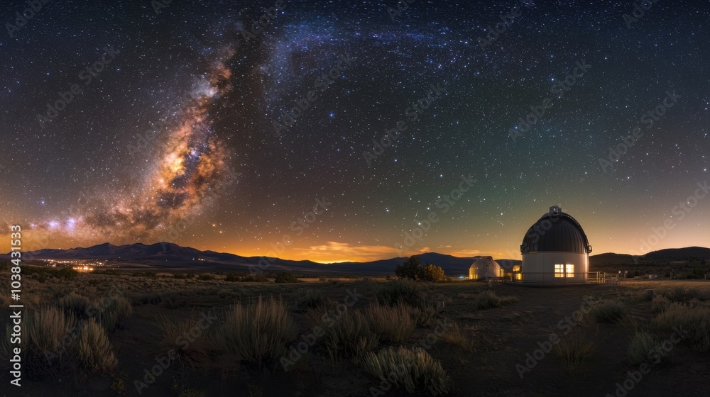 Fototapeta premium Astronomical Observatory at Night : astronomical observatory with a large telescope, capturing stars and distant galaxies under a clear night sky