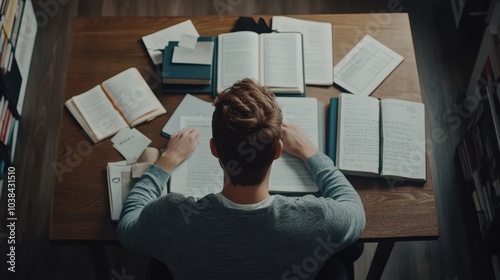 Student studying at a desk with textbooks and notes scattered around, focused on preparing for an exam. Determination and hard work in education.