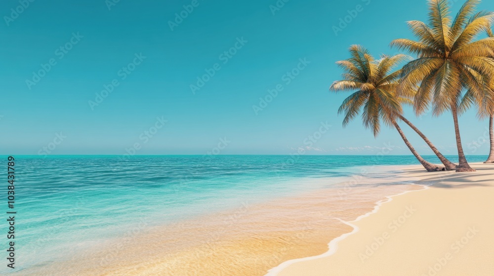 Vibrant 3D Summer Beach Background with Palm Trees Vibrant 3D Summer Beach Background with Palm Trees