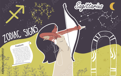 Collage, background, zodiac sign Sagittarius. Modern stylish female character, avatar of astrological horoscope. Girl astrologer, trendy style. Flat hand drawn graphic vector illustration.