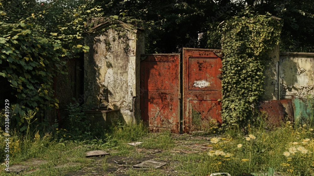 Closed factory gates with rusting metal and faded paint, symbolizing the decline of industry and the passage of time, reflecting a poignant reminder of economic shifts and the human impact of change Closed factory gates with rusting metal and faded paint, symbolizing the decline of industry and the passage of time, reflecting a poignant reminder of economic shifts and the human impact of change