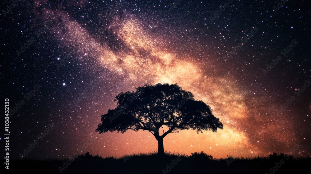 A silhouette of a lone tree against a backdrop of a starry night sky and the glowing center of the galaxy. A silhouette of a lone tree against a backdrop of a starry night sky and the glowing center of the galaxy.