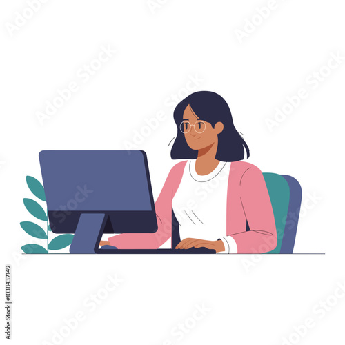 Woman with computer, studying or working concept, Vector illustration in flat style.