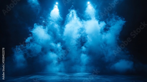 Blue stage lights shine down through ethereal clouds of smoke a dark black backdrop casting dynamic shadows and setting the perfect scene for an intense and atmospheric show