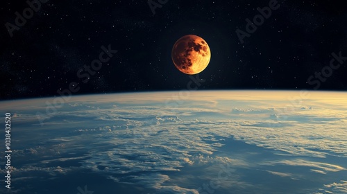 Lunar Eclipse : A dramatic lunar eclipse seen from space, with the Earth shadow covering the Moon in stages