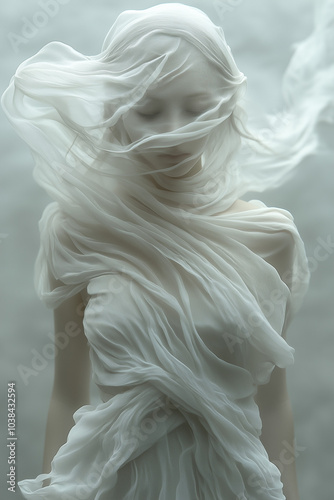 Fashion art of a girl covered in transparent fabric merging into thick fog, hovering in the air