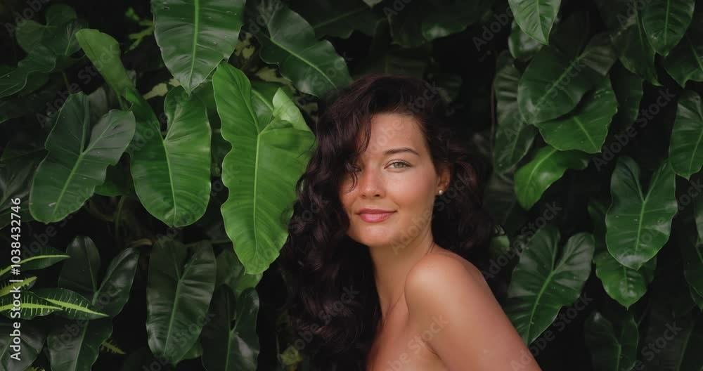 A stunning woman with curly hair and captivating green eyes poses elegantly in front of lush tropical leaves. Ideal for beauty, skincare, and wellness branding, highlighting natural charm and radiant