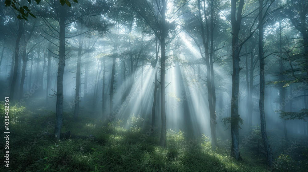 Foggy forest with shafts of light piercing through the trees, creating a dramatic and mystical atmosphere Foggy forest with shafts of light piercing through the trees, creating a dramatic and mystical atmosphere