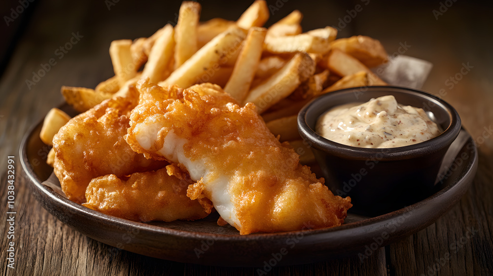 A plate of fish and chips with tartar sauce and fries. A plate of fish and chips with tartar sauce and fries.