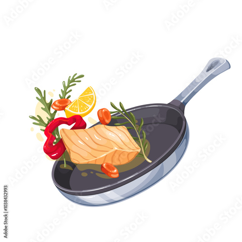 Slice of cartoon salmon with vegetables and herbs flying in pan. Fish, bell pepper ring, diced carrots falling into skillet to fry. Healthy cooking mascot, cartoon dinner in pan vector illustration
