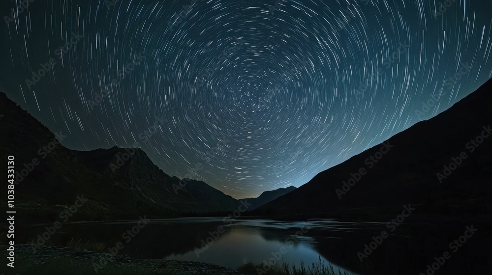 Fototapeta premium A time-lapse shot of the night sky, capturing the motion of stars and the galaxy over a serene natural landscape.