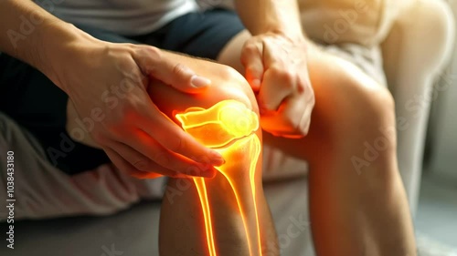 Senior Man Holding Highlighted Knee with X-ray Visualization – Joint Pain, Arthritis, and Aging Health Concept
