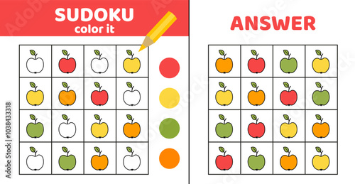Sudoku with apples. Coloring sudoku with apple. Cartoon.