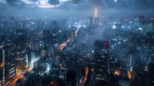 Cityscape at night with stark contrasts between illuminated buildings and darkened streets