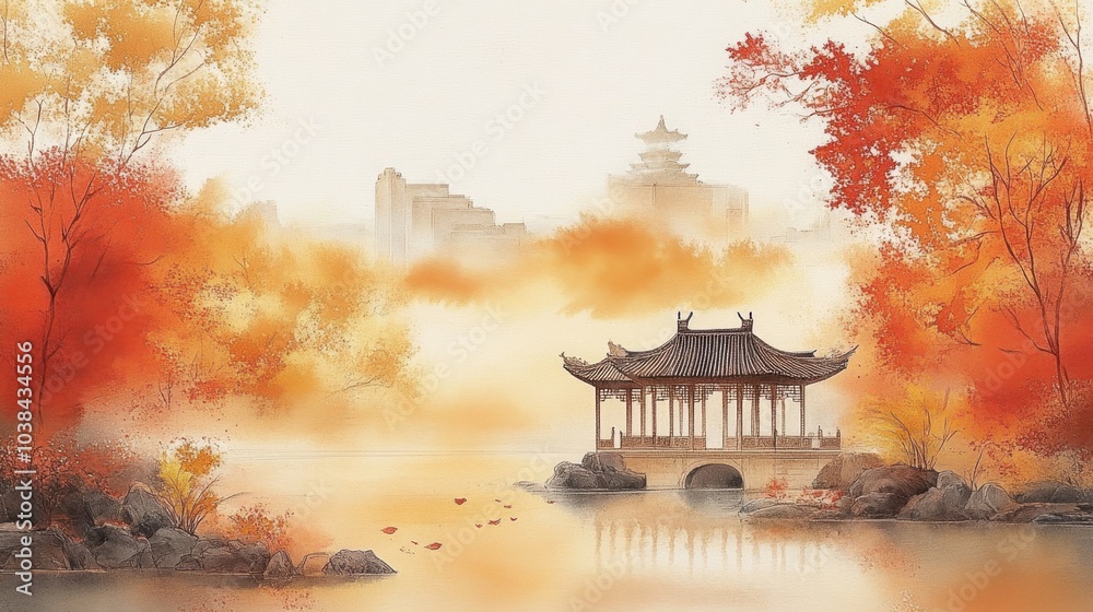 Obraz premium Beautiful natural scenery in autumn in illustration style