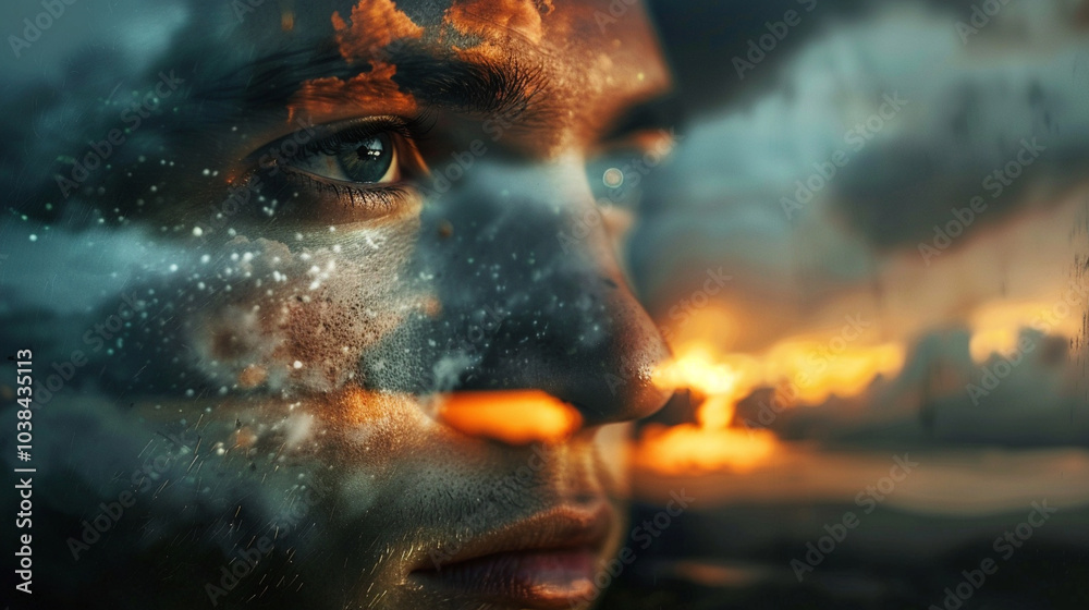A close-up of a personâs face reflected in a window, with a stormy sky outside, symbolizing inner turmoil and moral conflict. A close-up of a personâs face reflected in a window, with a stormy sky outside, symbolizing inner turmoil and moral conflict.