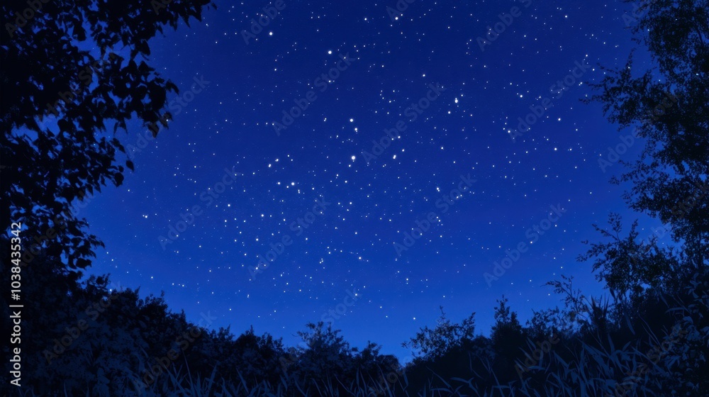 Fototapeta premium Blue hour sky with stars emerging, and the faint outlines of the galaxy blending into the evening scene.