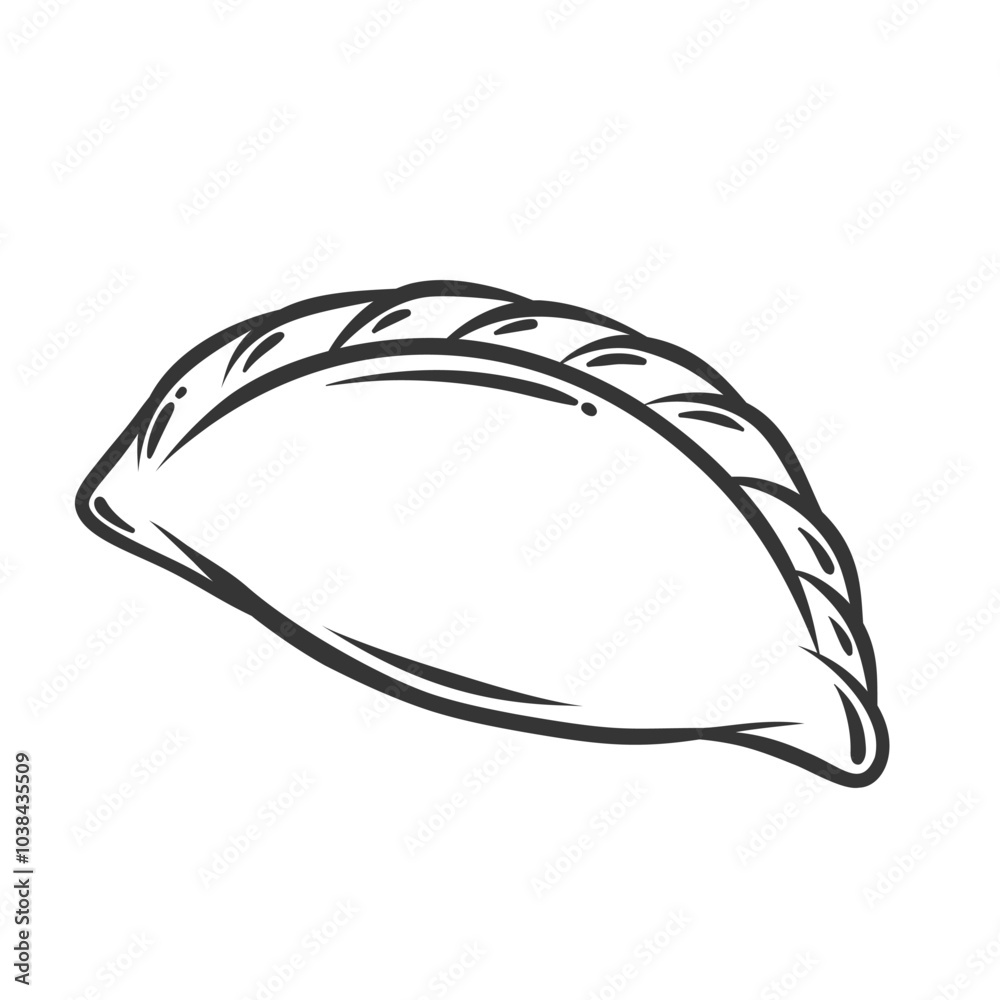 One dumpling, empanada line icon. Outline hand drawn boiled dumpling with different filling wrapped in dough, baked or fried pastry. Fast food mascot, simple savory snack icon vector illustration