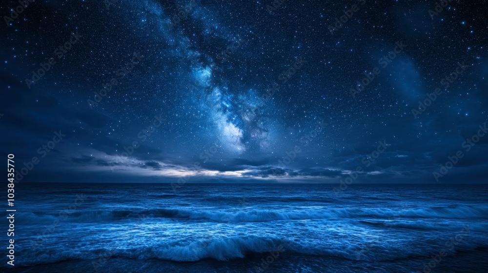 Blue sky turning into night, with stars dotting the sky and the galaxy's milky trail stretching above the sea. Blue sky turning into night, with stars dotting the sky and the galaxy's milky trail stretching above the sea.