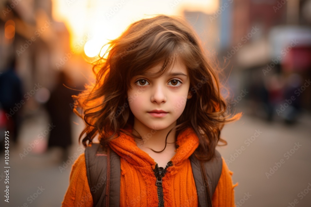 Portrait of a beautiful little girl in an orange jacket in the city