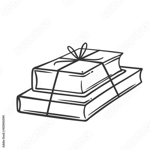 Stack of closed books rope tied with bow line icon. Outline hand drawn vintage bookshop literature to share and exchange in readers club. Gift, reading mascot, simple books icon vector illustration