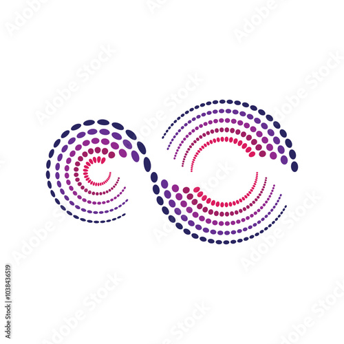 This design is an abstract logo that depicts an infinity symbol made of dots in purple red color on a white background

