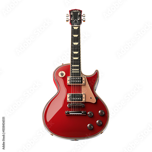 A striking red electric guitar with a glossy finish, perfect for music enthusiasts and performers. photo