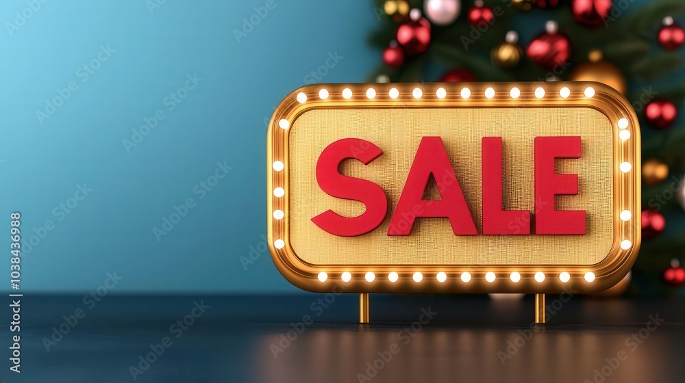 Illuminated signboard with the word 'SALE' in bold red letters, adorned with festive lights, set against a vibrant blue background. Illuminated signboard with the word 'SALE' in bold red letters, adorned with festive lights, set against a vibrant blue background.