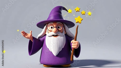 Digital illustration of a long-bearded wizard in a purple robe and hat, holding a wand with three yellow stars. The background is light gray. The frame is centered on the wizard.  photo