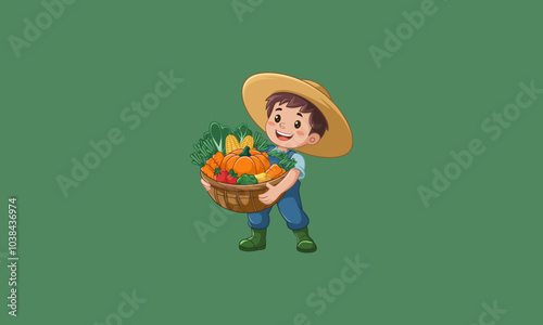 Cheerful cartoon boy holding vegetable basket