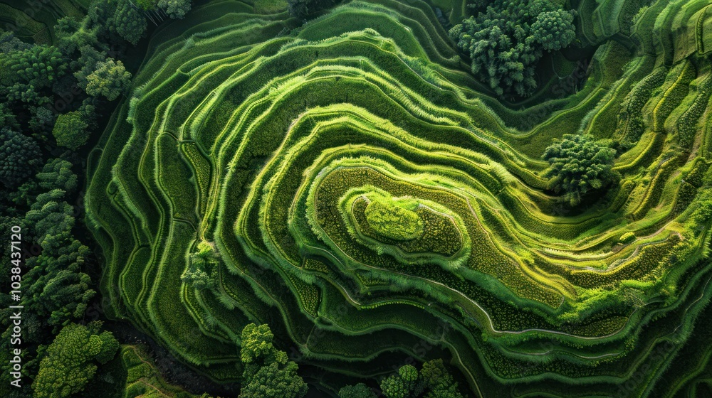 A drone capturing the intricate patterns of a terraced rice field A drone capturing the intricate patterns of a terraced rice field