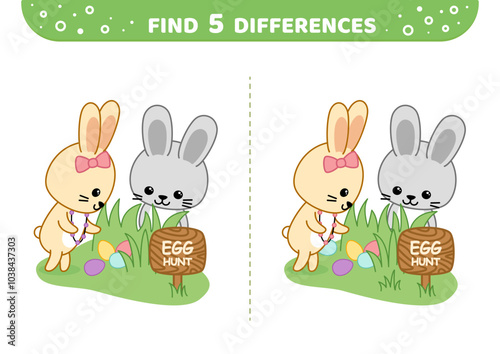Find 5 differences. Bannies are on egg hunt. Easter game. Cartoon, vector