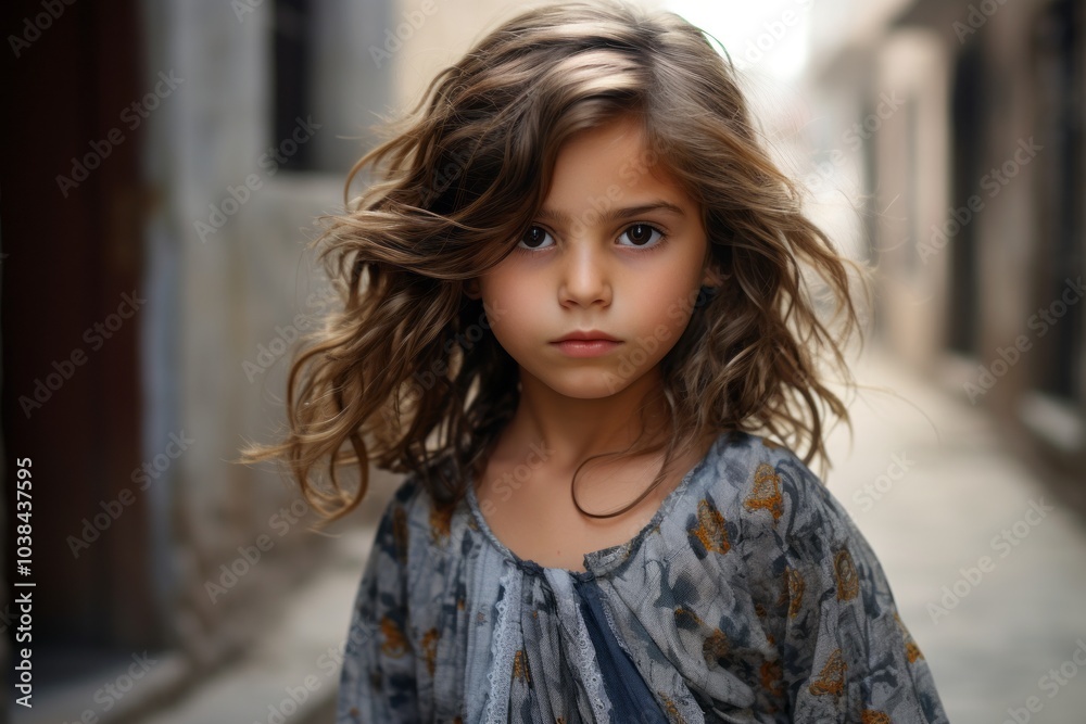 Portrait of a beautiful little girl with curly hair in the street Portrait of a beautiful little girl with curly hair in the street
