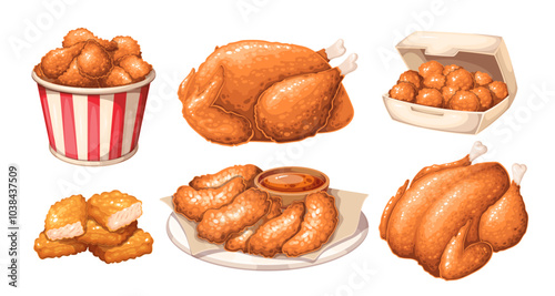 Deep fried cartoon chicken set. Golden whole bird, bucket and open cardboard box full of pieces with crispy crust, nuggets plate. Takeaway fast food mascot, cartoon chicken snacks vector illustration