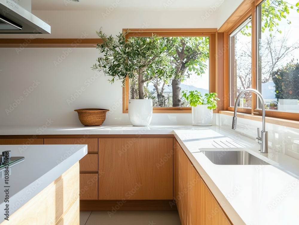 Fototapeta premium Bright Minimalist Kitchen with Clean White Countertops