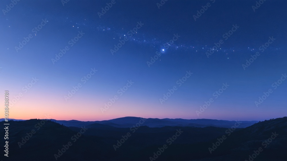 The horizon at twilight with a blue sky overhead, scattered stars, and the soft glow of the galaxy's spiral. The horizon at twilight with a blue sky overhead, scattered stars, and the soft glow of the galaxy's spiral.