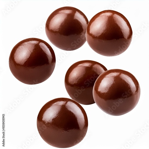 Several balls of smooth chocolate syrup levitating isolated on white background
