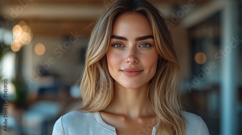 Confident businesswoman holding digital tablet in a minimalist modern office with a backdrop of sleek furniture and technology embodying innovation and leadership in a professional environment