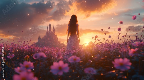 In the heart of a fantasy kingdom, a princess stands in front of her pink castle, embraced by mystical flowers that shine like stars as the sun sets