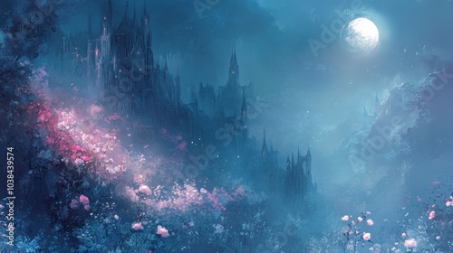 Enchanted pink castle at night, silver moon casting light on flowers, Illustration, Soft blues and purples, Whimsical and dreamy setting