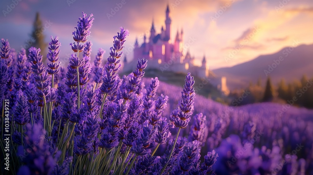 Fototapeta premium Lavender flower blooming in the foreground, soft focus, a distant pink fairytale castle shimmering under twilight, blending dreamlike elements