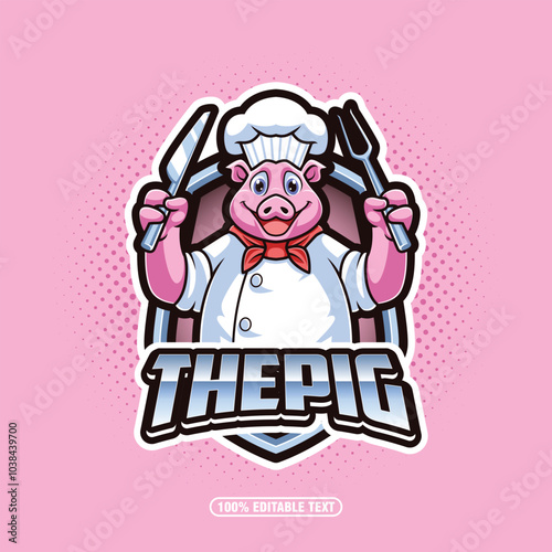 Cartoon pig chef cooking barbecue meat