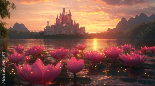 Fairytale pink castle surrounded by giant flowers, petals glowing like diamonds in sunlight, set against a dreamy sunset sky, Fantasy, 3D render, Vivid colors, Magical mood photo