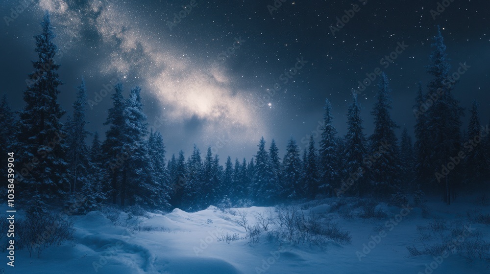 Fototapeta premium The night sky over a winter forest, with stars and the Milky Way galaxy casting a soft glow on the snow-covered ground.
