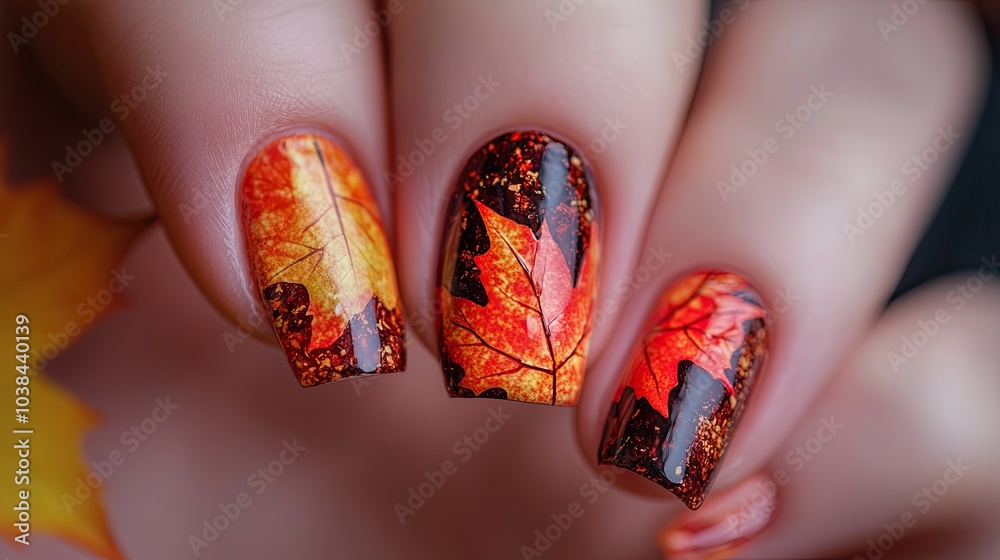 A close-up of a hand with autumn nails holding a vibrant maple leaf, celebrating the season natural beauty and colors. A close-up of a hand with autumn nails holding a vibrant maple leaf, celebrating the season natural beauty and colors.