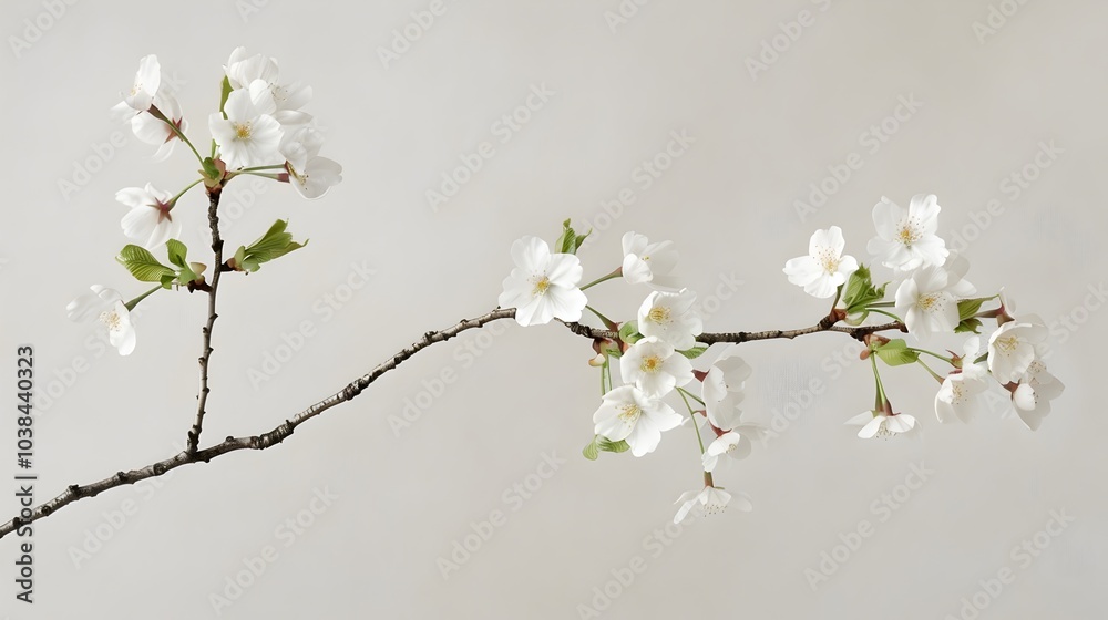 Obraz premium Single branch of white cherry blossom flowers isolated, copy space or text space