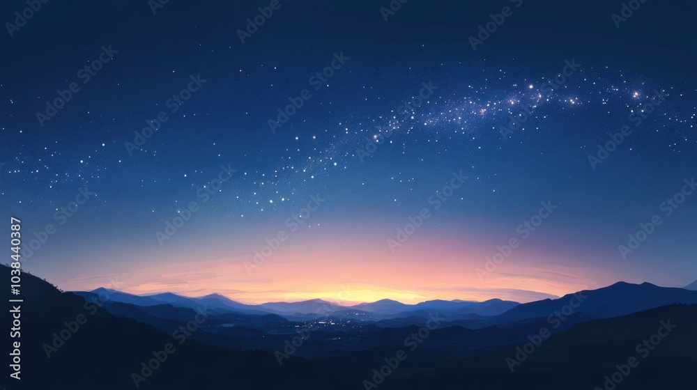 The sky at twilight, with a gradient of blue to dark, filled with stars and the sweeping arc of the galaxy. The sky at twilight, with a gradient of blue to dark, filled with stars and the sweeping arc of the galaxy.