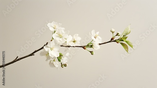 Single branch of white cherry blossom flowers isolated, copy space or text space